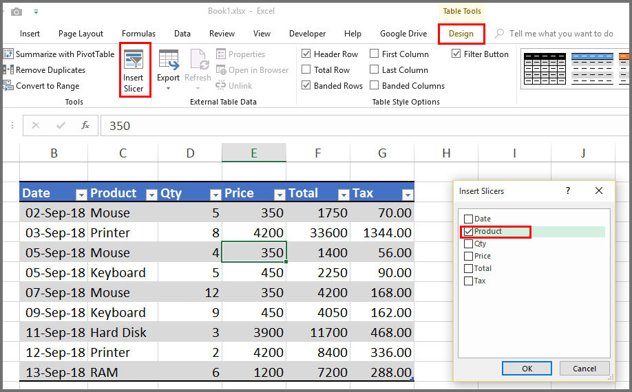 Add slicer in a table in Excel