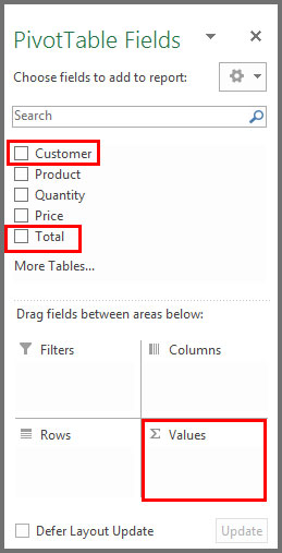 Select field for pivot table