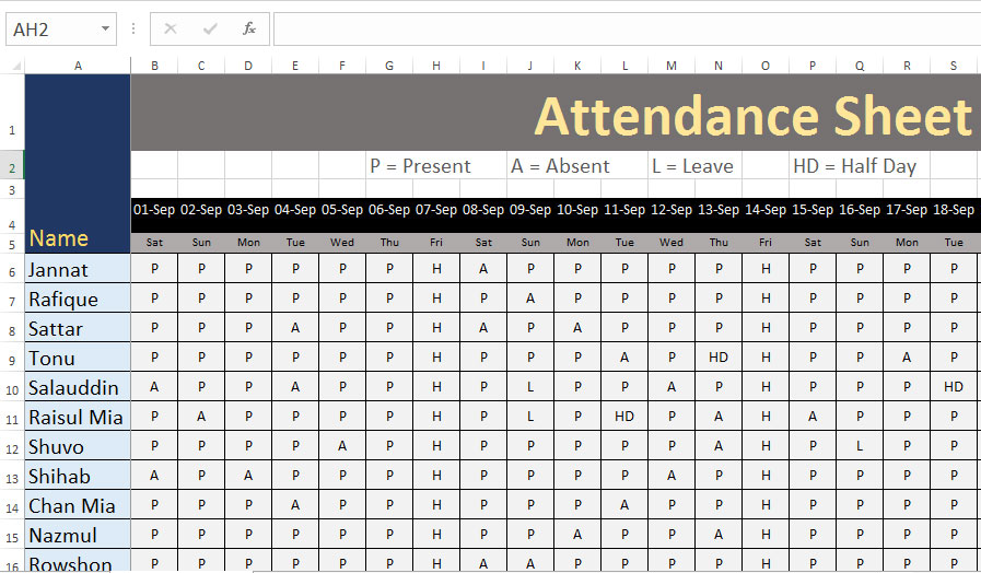 Create attendance sheet in excel with 1 formula