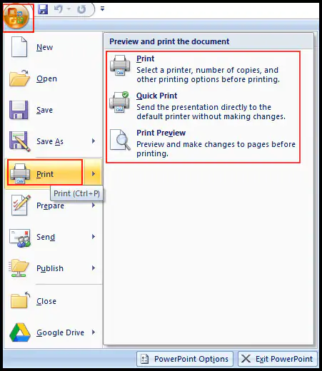 Printing in PowerPoint 2007