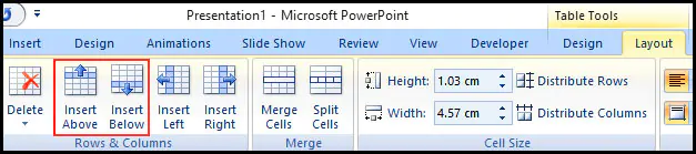 Insert Row in Table in PowerPoint 2007