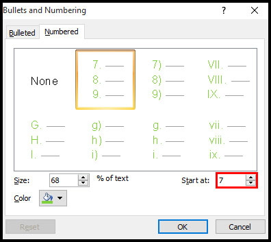 Set the starting number in PowerPoint 2007