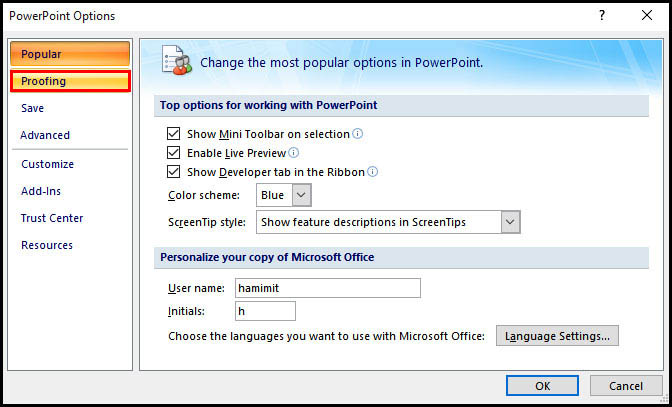 Proofing Option in PowerPoint 2007