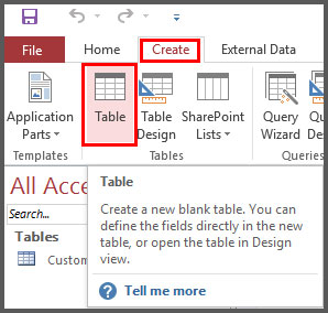 Create Table from Create Tab in Access 2016