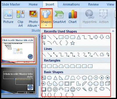 Select Shape for insert Line on all slide in PowerPoint 2007