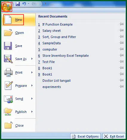 Select Office Button in Excel 2007