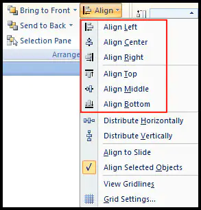 Six alignment option of PowerPoint 2007