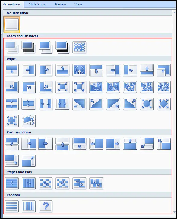 Show transition effect from more drop down in PowerPoint 2007