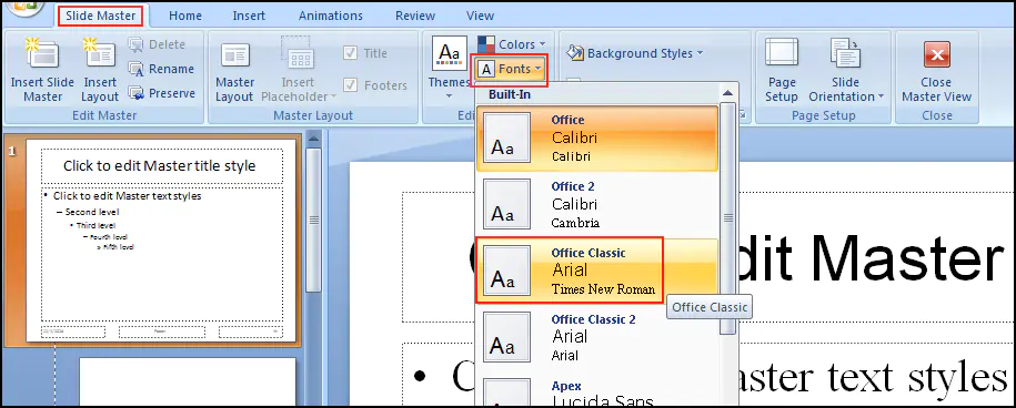 Live view for changing fort in PowerPoint 2007