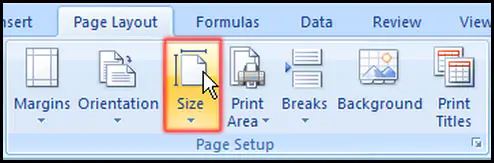 Select Size from Page Layout for paper size in Excel 2007