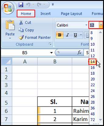 Change font size in Excel 2007