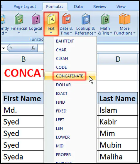 How to use concatenate function in Excel 2007