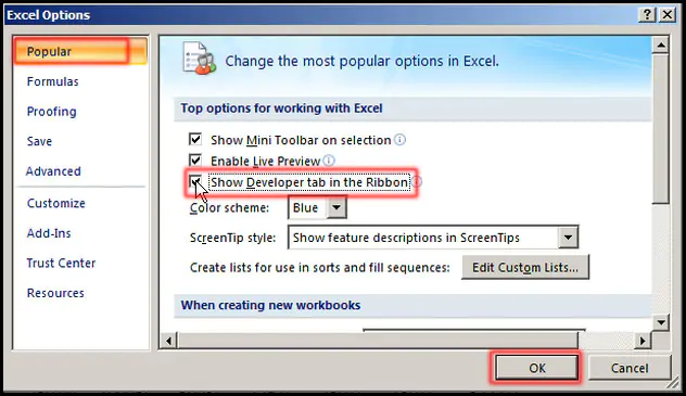 Select Show Developer tab in the Ribbon in Excel 2007