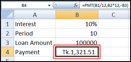 Show PMT Formulas result in Excel 2007