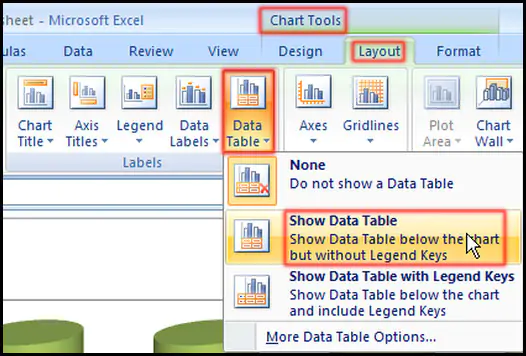 Show or hide data table in Excel 2007