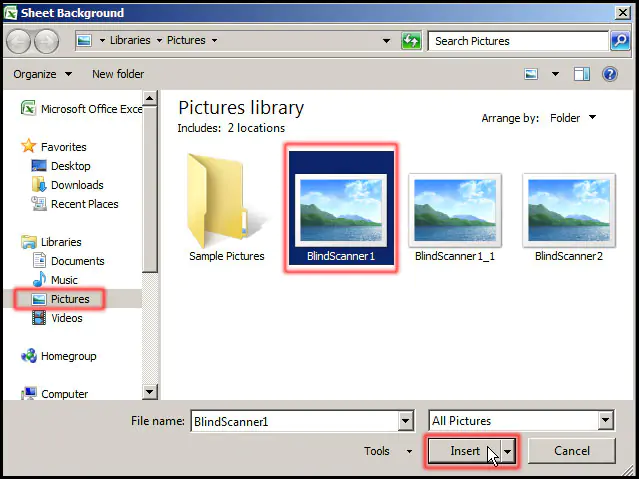 Select Picture fro Sheet Background Dialog Box in Excel 2007