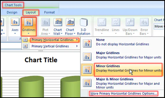 Select Primary Horizontals Gridlines in Excel 2007