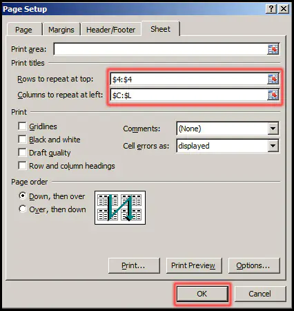 Select range for print title in Excel 2007
