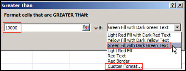 Apply greater than conditional formatting rule in Excel 2007