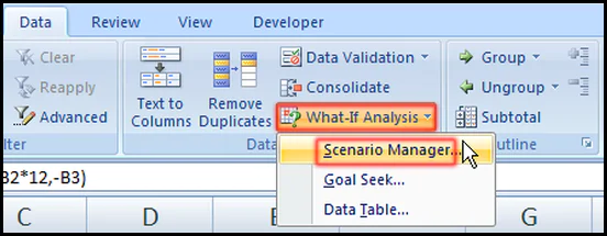 Select Scenario Manager from Data tab in Excel 2007