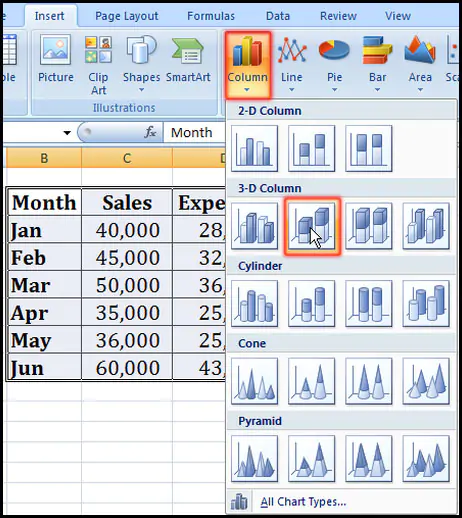 Select a chart from column drop down in Excel 2007