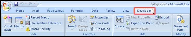 Turn on Developer Tab in Excel 2007
