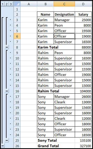 Show subtotal result in Excel 2007