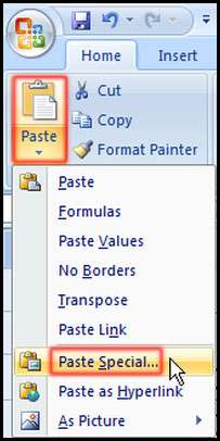 Select paste special from paste in Excel 2007