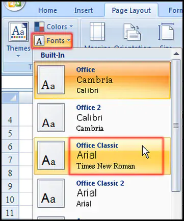 Change font from themes in Excel 2007