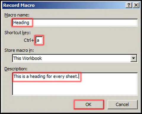 Record Macro Dialog Box in Excel 2007