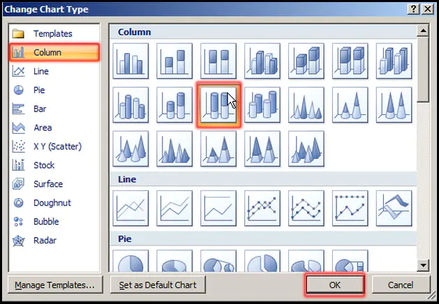 Select Chart from Change Chart Type dialog box in Excel 2007