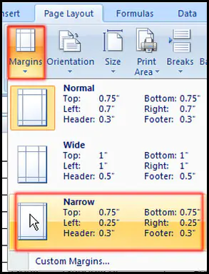 Select Margin from Page Layout in Excel 2007