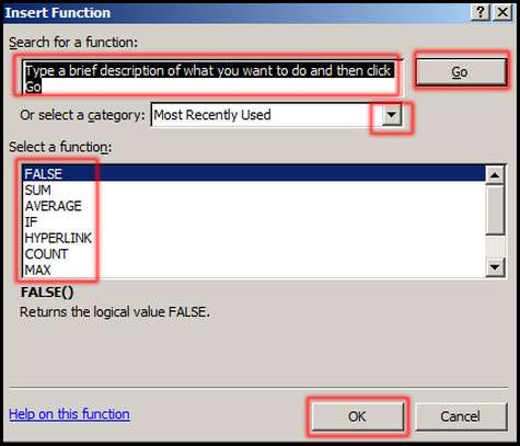 Select a function from Insert Function Dialog box in Excel 2007