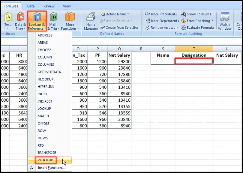Select VLOOKUP function in Excel 2007