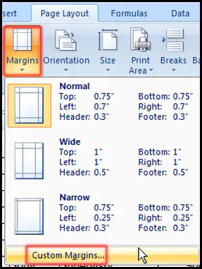 Setting up custom margin in Excel 2007