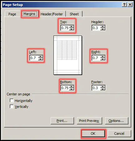 Select custom margin from Page Setup Dialog box in Excel 2007