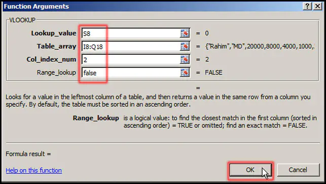 Setup VLOOKUP value in Function Arguments dialog box in Excel 2007