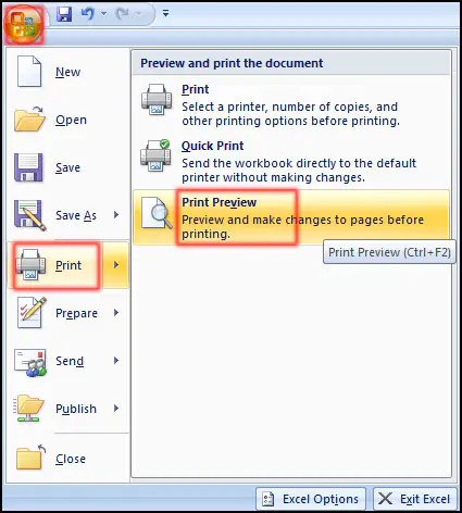 Print Preview from office button in Excel 2007