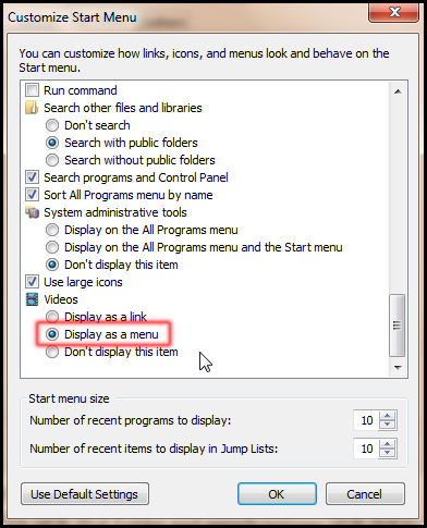 Add Video Folder in Start Menu in Windows 7