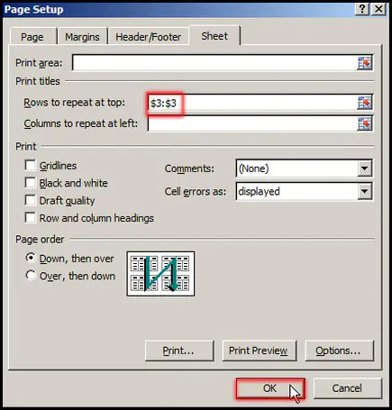 Rows to repeat at top in Excel 2007