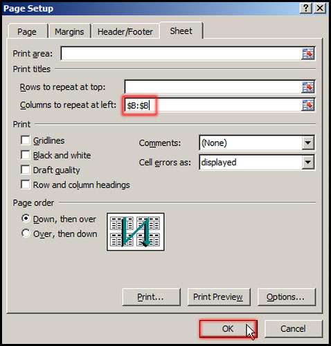 Columns to repeat at left in Excel 2007