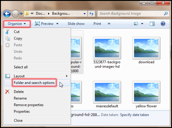 Folder and search option from organize in Windows 7