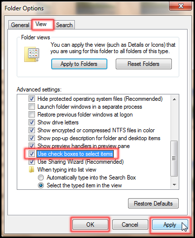 উইন্ডোজ ৭ এ Use check boxes to select items from view