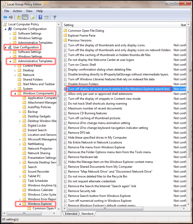 Edit Local Group Policy Editor for Turn off display recent search in Windows 7