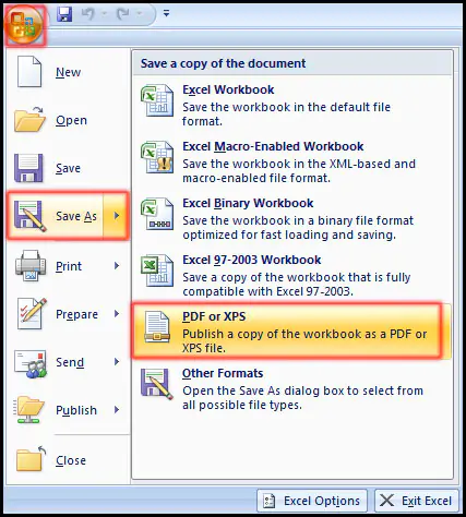 Save in PDF format in Excel 2007