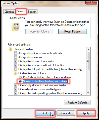 Show hidden files, folders, and drives in Windows 7