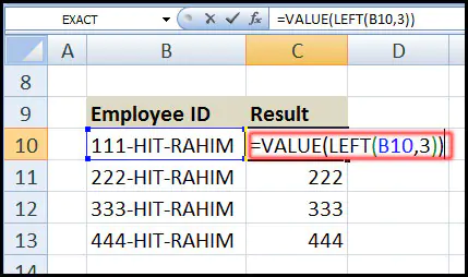 এক্সেল ফাংশন এর ব্যবহার,, Using VALUE Function with LEFT function in Excel 2007