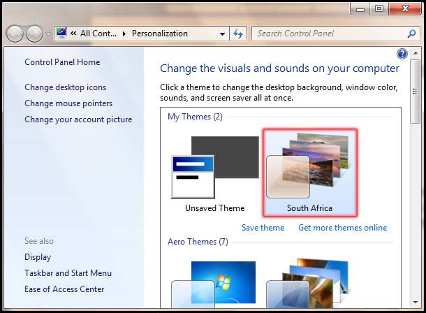 Show selected theme in control panel in Windows 7