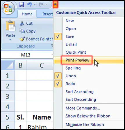 Add Print Preview in Quick Access Toolbar in Excel 2007