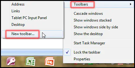 Select New toolbar from task bar in Windows 7